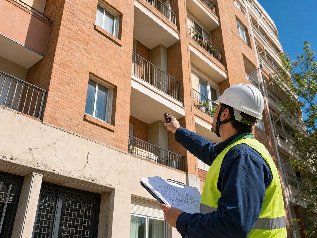 Técnico de Proyecton inspeccionando una fachada antes de la rehabilitación