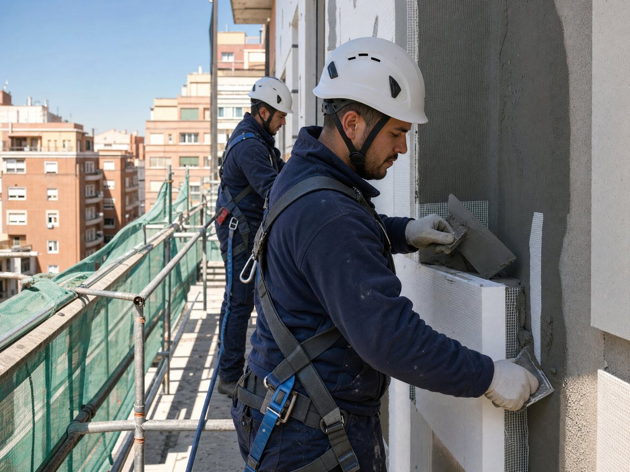 Operarios de Proyecton instalando el sistema SATE en andamio, con casco y arnés