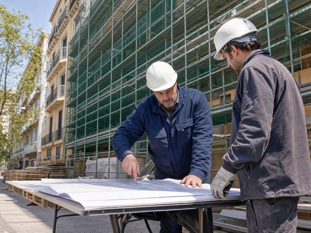 Jefe de obra de Proyecton revisando los planos con un operario a pie de andamio